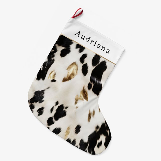 Black White Gold Cowhide Christmas Großer Weihnachtsstrumpf (Vorderansicht (hängend))