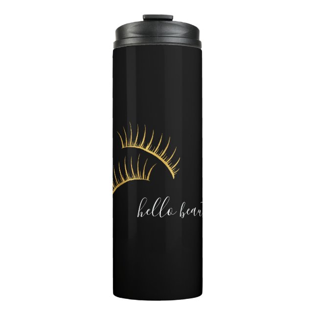 Black White Gold Eyelashes Hello Beautiful Thermosbecher (Vorderseite)