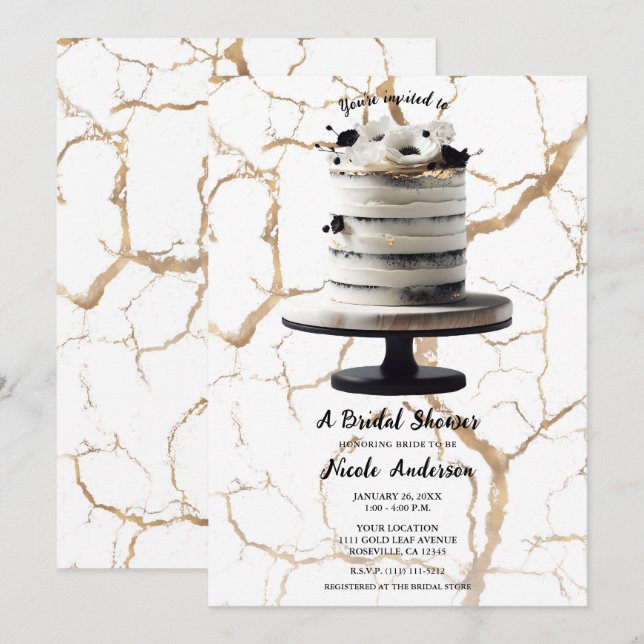 Black & White Gold Floral Tier Cake Brautparty Einladung (Vorne/Hinten)