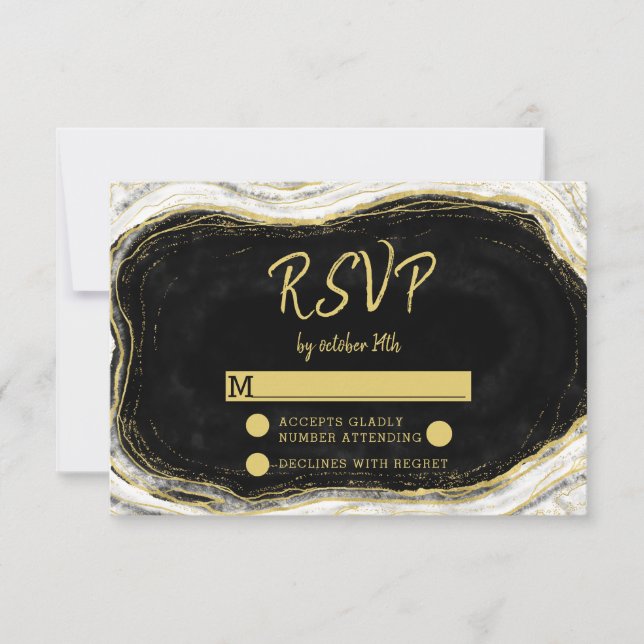 Black White & Gold Geode Wedding Réponse RSVP (Devant)