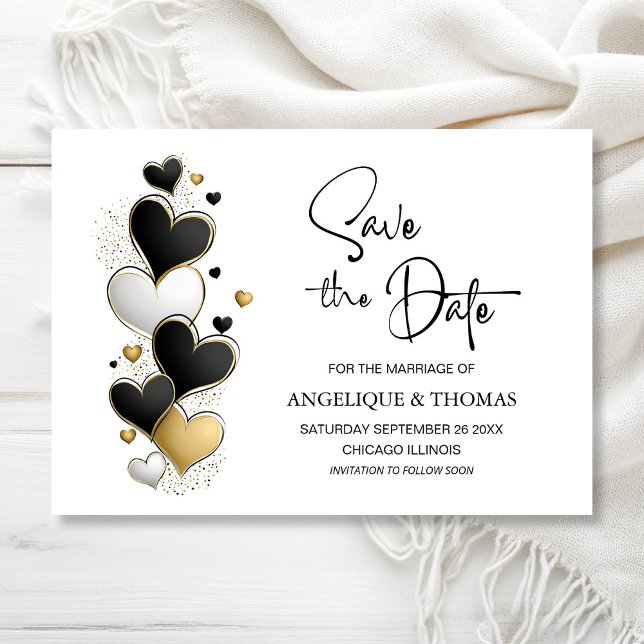 Black White Gold Hearts Wedding Save the Date (Von Creator hochgeladen)