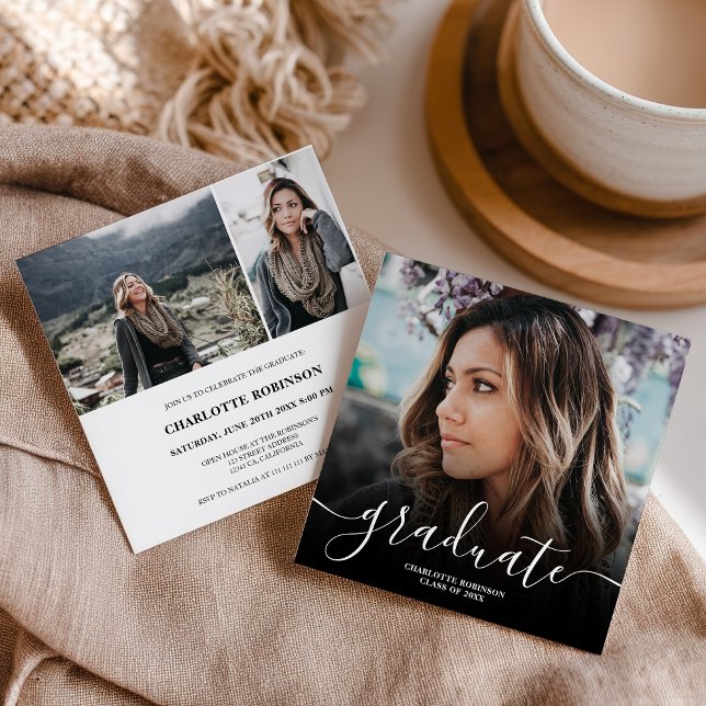 Black white graduate script photo graduation einladung (Black white graduate script photo graduation invitation)