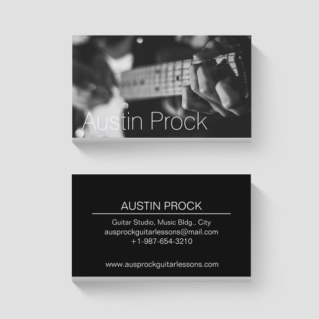 Black & White Guitar Teacher Business Card Visitenkarte (Von Creator hochgeladen)