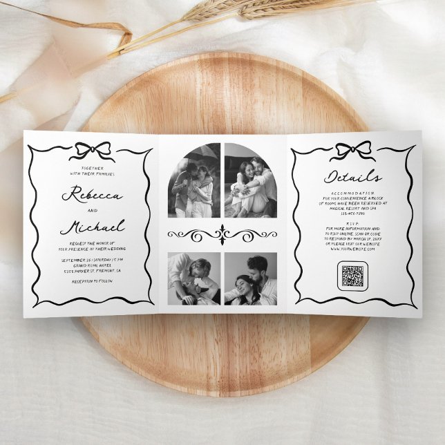 Black & White Hand Drawn Bow QR Code Photo Wedding Dreifach Gefaltete Einladung (Von Creator hochgeladen)