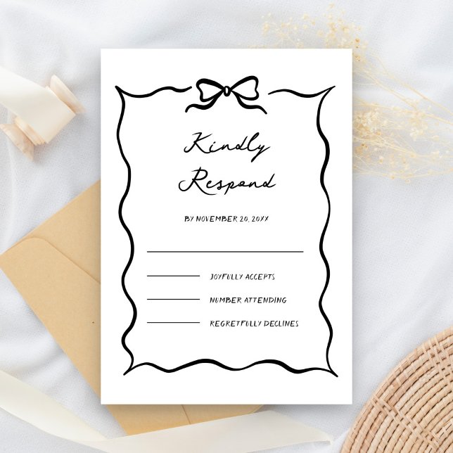 Black & White Hand Drawn Bow Wedding RSVP Karte (Von Creator hochgeladen)