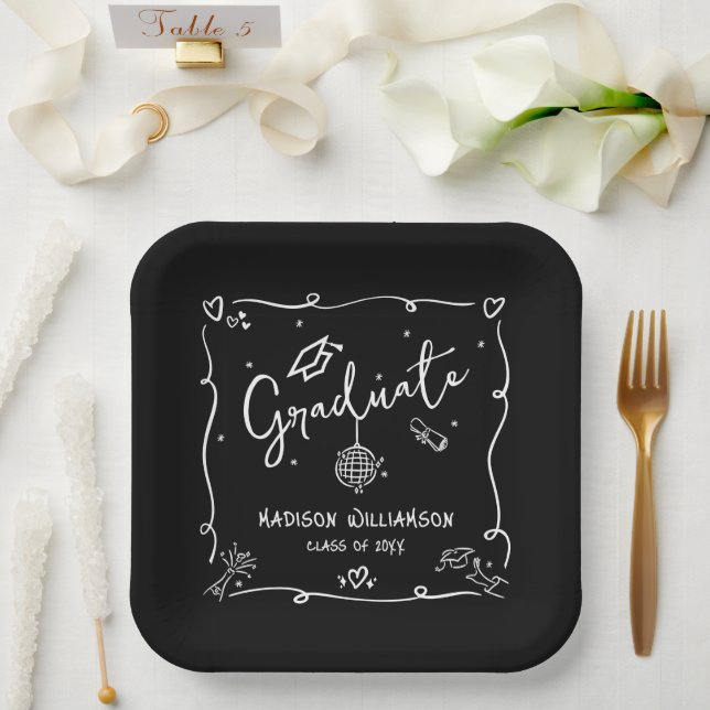 Black White Hand Drawn Doodles Style Graduation Pappteller (Hochzeit)