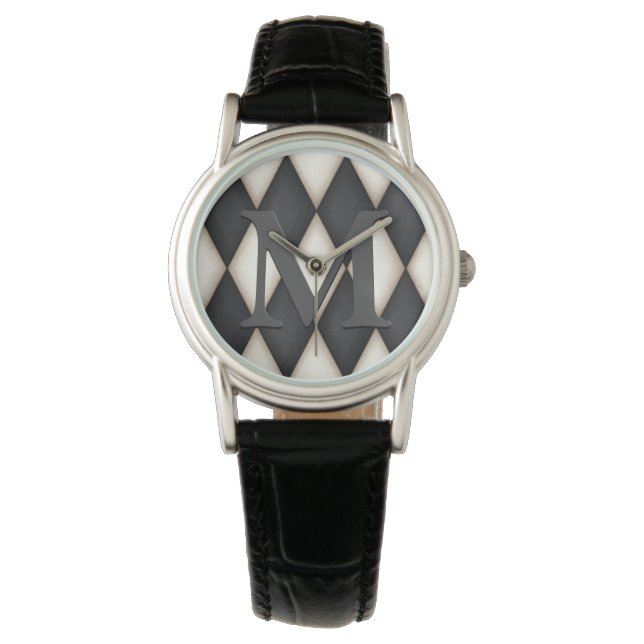 Black & White Harlequin Check Elegant 3-D Monogram Armbanduhr (Vorderseite)