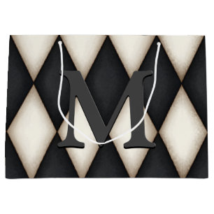 Black & White Harlequin Check Elegant 3-D Monogram Große Geschenktüte