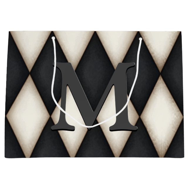Black & White Harlequin Check Elegant 3-D Monogram Große Geschenktüte (Vorderseite)