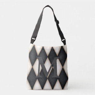 Black & White Harlequin Dramatic Custom Monogram Tragetaschen Mit Langen Trägern