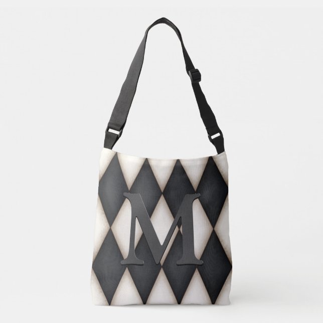 Black & White Harlequin Dramatic Custom Monogram Tragetaschen Mit Langen Trägern (Vorderseite)