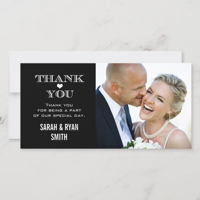 Black & White Heart Mariage Photo Merci Cartes (Devant)