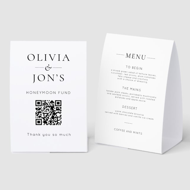 Black White Honeymoon Fund and Menu Wedding  Tischaufsteller (Vorder-/Rückseite)