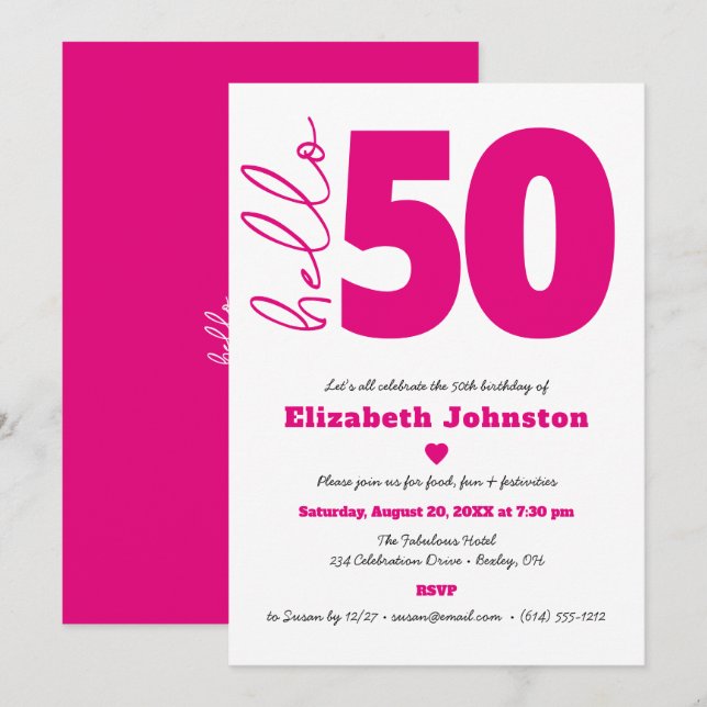 Black White Hot Pink Hello 50 Fabulous Birthday Einladung (Vorne/Hinten)