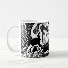 Black & White Howling Husky am Abend Linocut Kaffeetasse