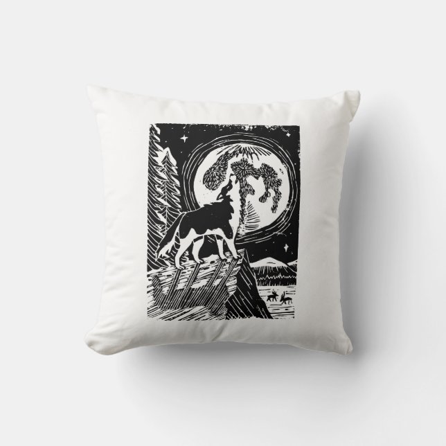 Black & White Howling Husky am Abend Linocut Kissen (Vorderseite)