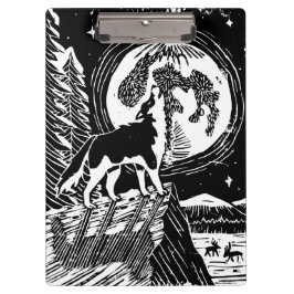 Black & White Howling Husky am Abend Linocut Klemmbrett