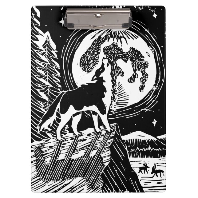 Black & White Howling Husky am Abend Linocut Klemmbrett (Vorderseite)
