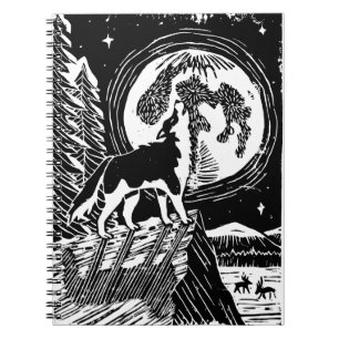 Black & White Howling Husky am Abend Linocut Notizblock