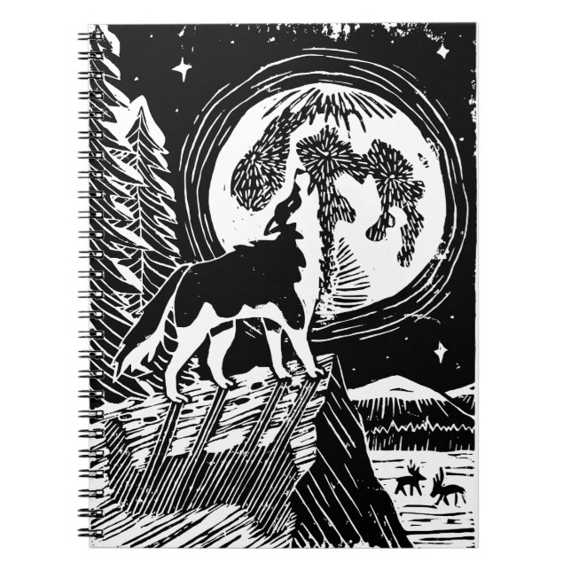 Black & White Howling Husky am Abend Linocut Notizblock (Vorderseite)