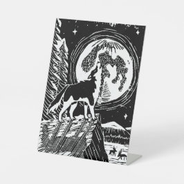 Black & White Howling Husky am Abend Linocut Sockelschild