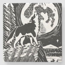 Black & White Howling Husky am Abend Linocut