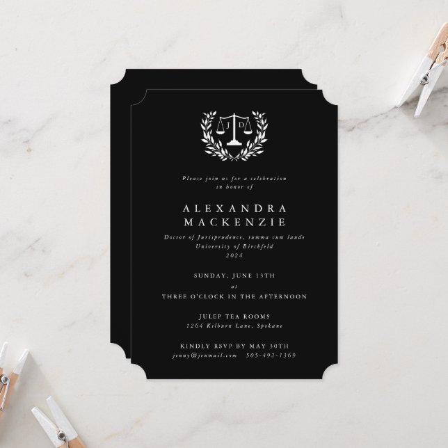 Black+White JD Law Scales Laurel Wreath Party Invi Einladung (Vorderseite/Rückseite Beispiel)