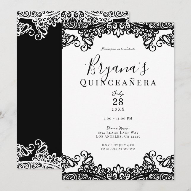 Black & White Lace Elegantes Quinceñera Party Einladung (Vorne/Hinten)