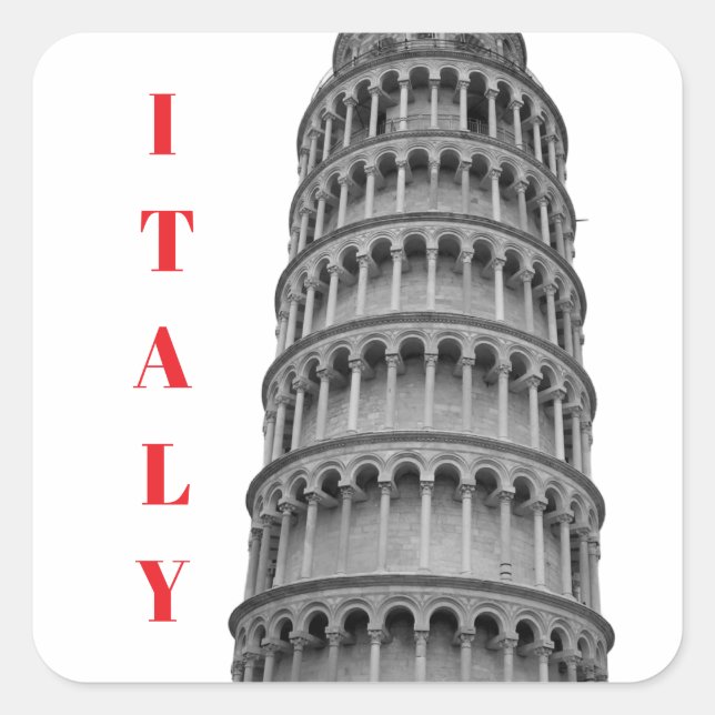 Black White Leaning Tower of Pisa Italy Quadratischer Aufkleber (Vorderseite)