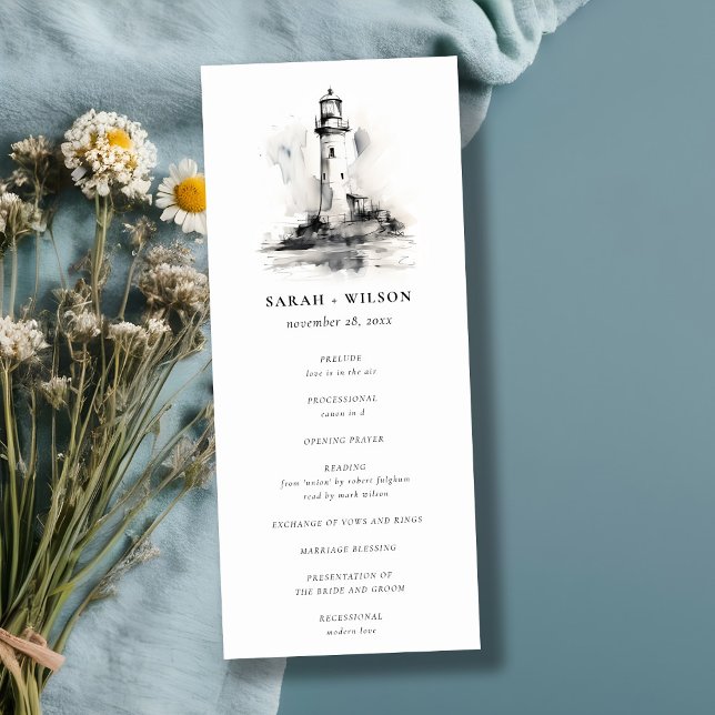 Black & White Lighthouse Sketch Wedding Programme (Créateur téléchargé)