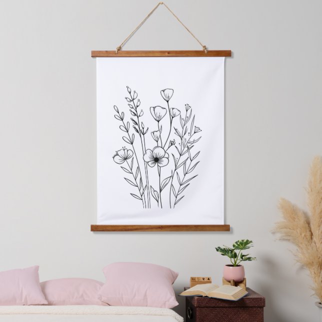 Black White Line Drawn Flowers Florals Boho Wandteppich Mit Holzrahmen (Schlafzimmer)