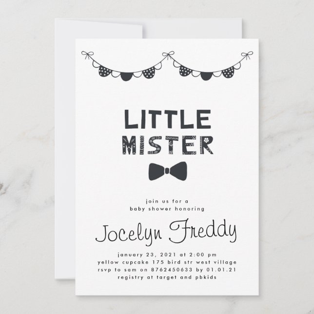Black & White Little Mister Boy Babydusche Einladung (Vorderseite)