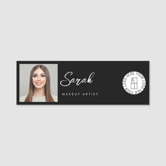 Black White Logo Photo Makeup Employee Namensschild (Vorderseite)