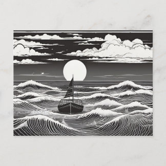 Black & White Lonely Sailboat Moon Waves Postkarte