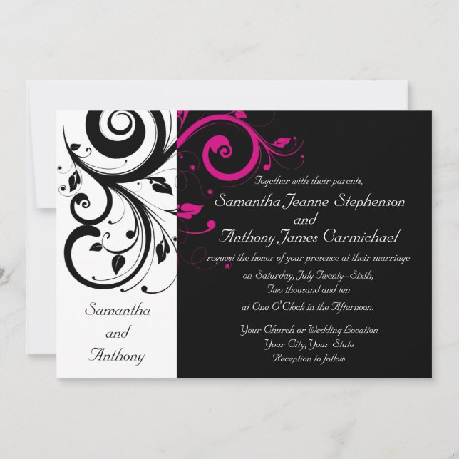 Black/White/Magenta Bold Swirl Wedding Invitations (Devant)