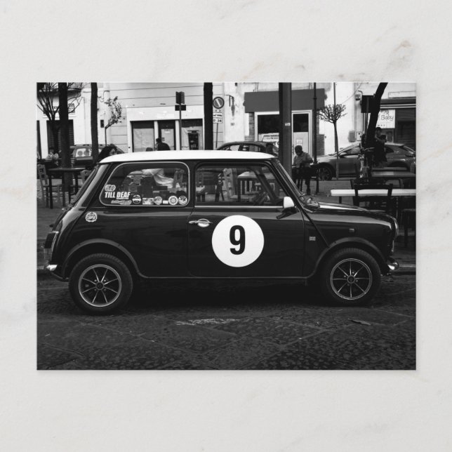 Black & White Mini Cooper Car Number 9 Postkarte  (Vorderseite)