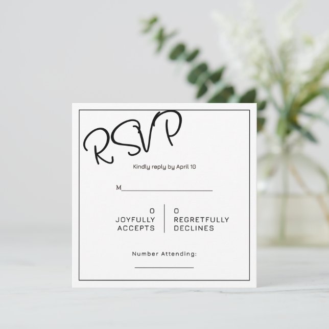Black& White Minimal Square Wedding RSVP Karte (Stehend Vorderseite)