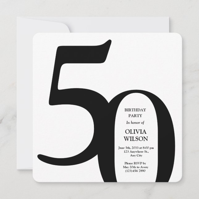 Black & White Minimalist Milestones 50th Birthday  Einladung (Vorderseite)