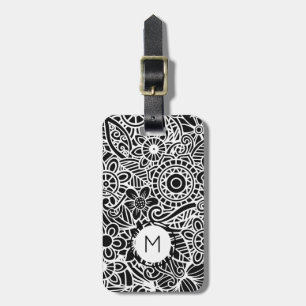 Black White Modern Floral Monogram Initial Gepäckanhänger