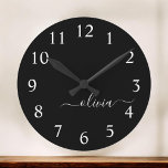 Black White Modern Script Girly Monogram Name Große Wanduhr<br><div class="desc">Black and White Simple Script Monogram Name Clock. This makes the perfect sweet 16 birthday,  wedding,  bridal shower,  anniversary,  baby shower or bachelorette party gift for someone that loves glam luxury and chic styles.</div>