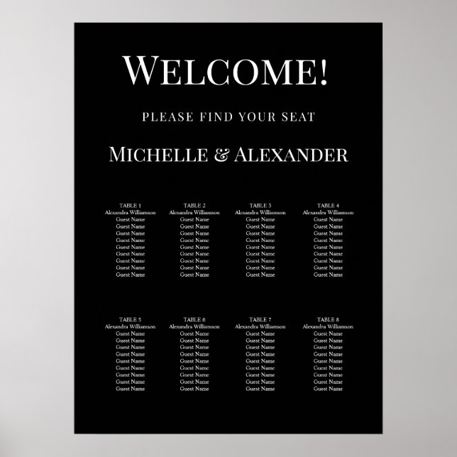 Black white modern simple wedding seating chart poster (Vorne)