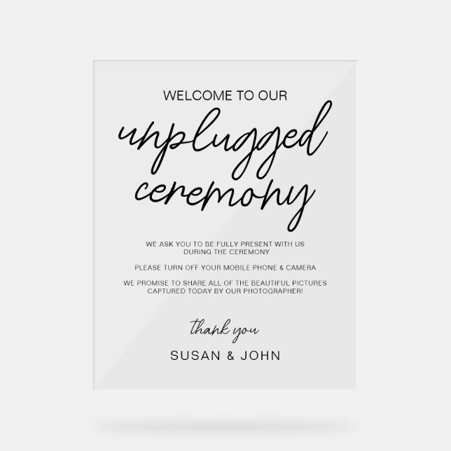 Black & White Modern Unplugged Wedding Sign  Acrylschild (Vorderseite)