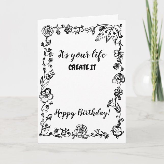 Black White Monochrome Boho Floral Doodle Birthday Karte (Vorderseite)