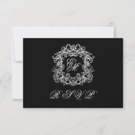 Black White Monogram Crest Elegant Wedding RSVP Karte