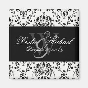 Black + White Monogram Damask Wedding, Magnete Magnet