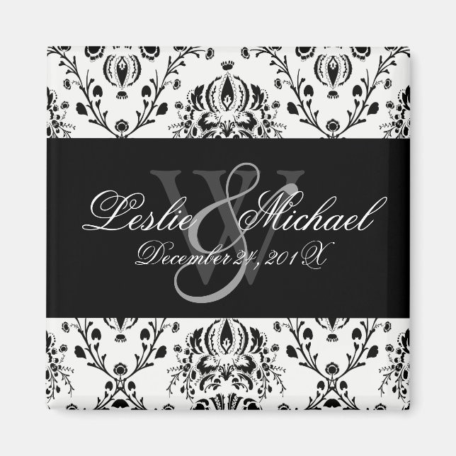 Black + White Monogram Damask Wedding, Magnete Magnet (Vorne)