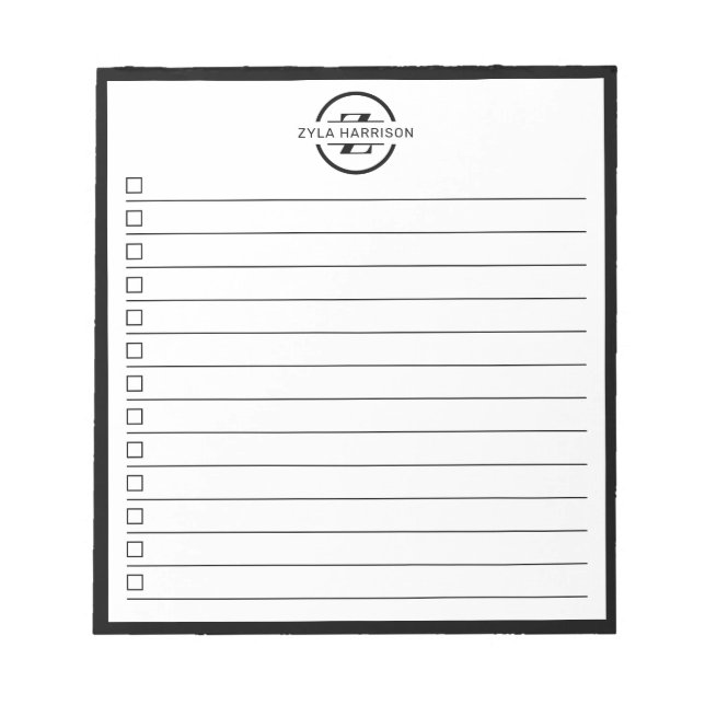 Black White Monogram Name Checklist 5.5" x 6" Notizblock (Vorderseite)