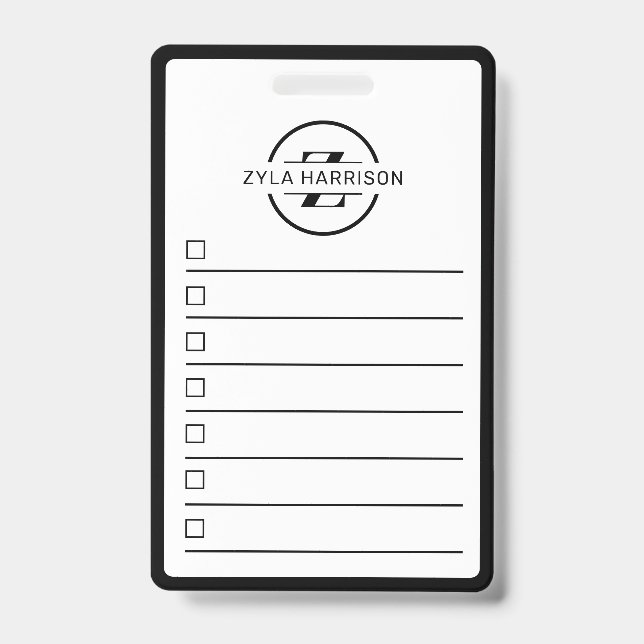 Black White Monogram Name To Do List Whiteboard Ausweis (Vorderseite)