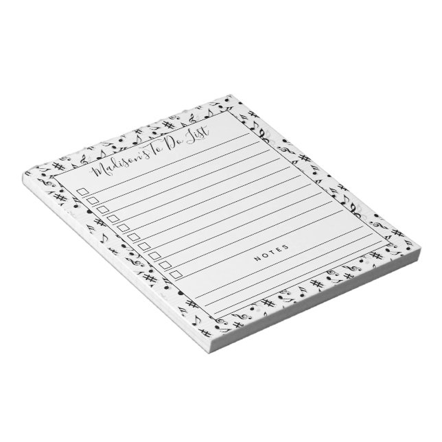 Black White Music Notes Personalized To Do List Notizblock (angewinkelt)