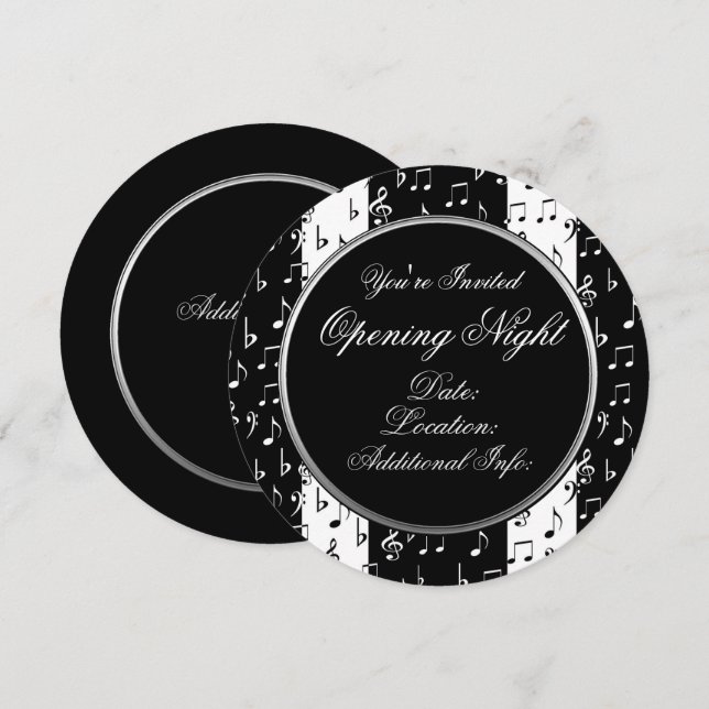 Black & White Musical Stripes Round Invitation (Devant / Derrière)